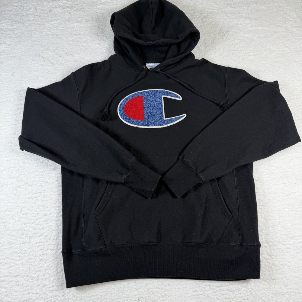 Champion Reverse Weave Hoodie Mens M Black Big C Chenille Logo Heavyweight